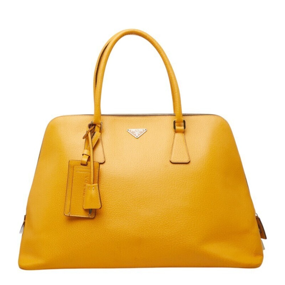 Prada Triangle Plate Handbag Boston Bag Yellow Leather